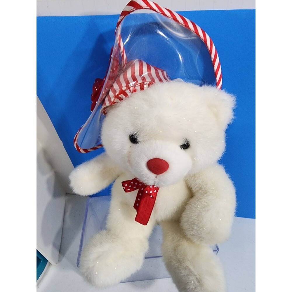 Walmart Valentine White Glitter Bear Plush Stuffed Animal Plastic Hat Hearts 11"